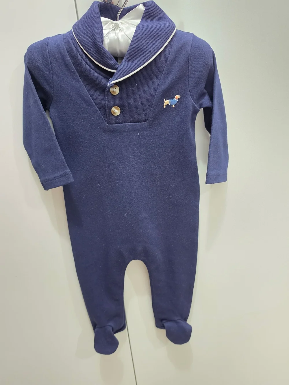 Navy Footed Baby Romper with Dog Embroidery